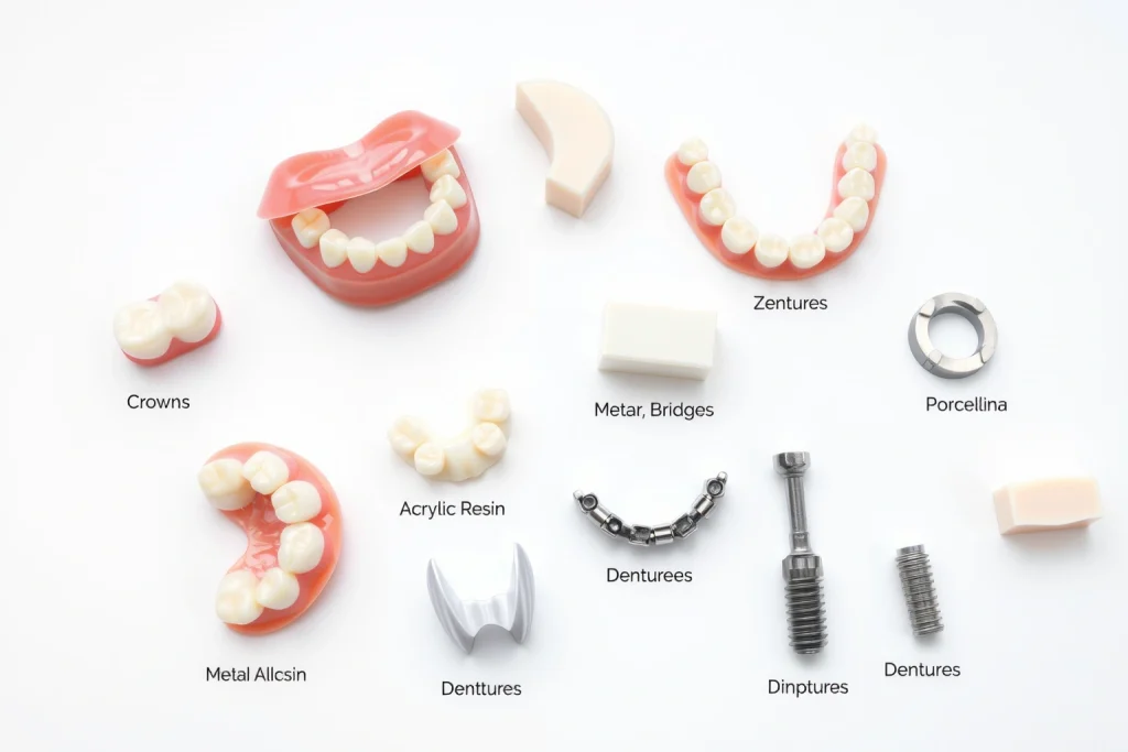 A detailed illustration showing various types of artificial teeth (dental prosthetics) made from different materials such as porcelain, zirconia, acrylic resin, and metal alloys, arranged on a clean white background with labels indicating each type and material, including examples of crowns, bridges, dentures, and implants, in a professional dental educational style