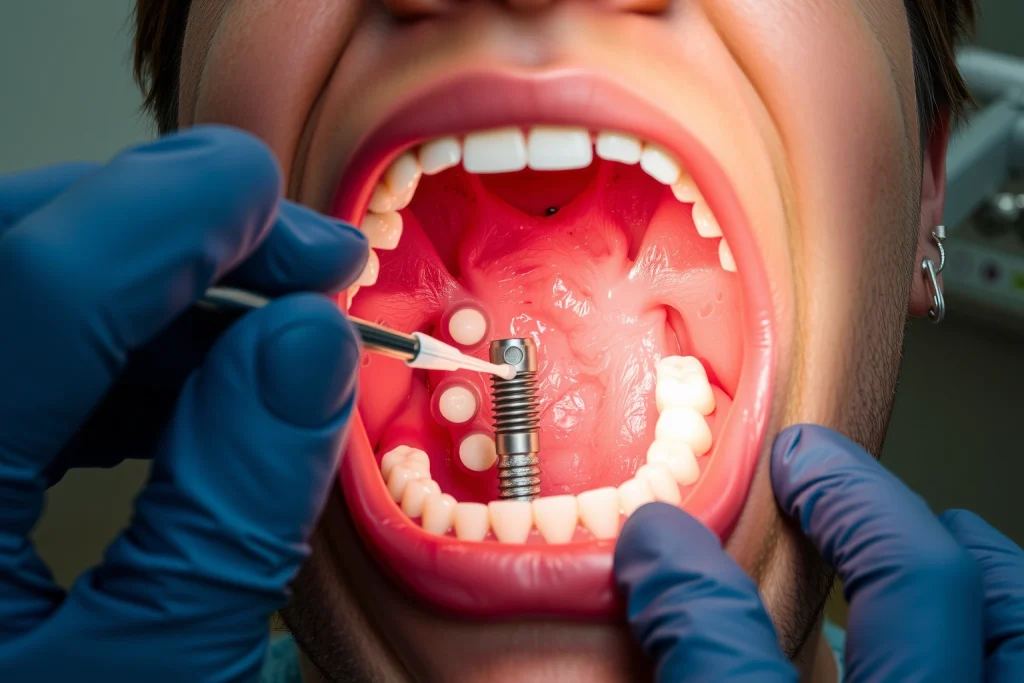 A close-up view of a person's open mouth showing a dental implant procedure in progress, with a dentist's gloved hands using specialized tools to place a titanium implant into the jawbone, surrounded by sterile dental equipment and a modern clinic setting, soft professional lighting highlighting the surgical site, realistic anatomical details, high detail, medical illustration style