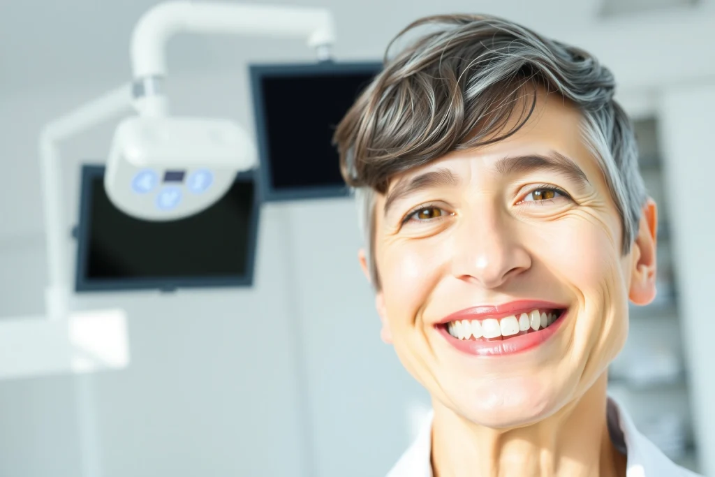 A confident middle-aged person smiling naturally with healthy, well-aligned dental implants visible in a bright, modern dental clinic setting, soft natural lighting, clean white background with subtle medical equipment in the distance, focus on oral health and quality of life