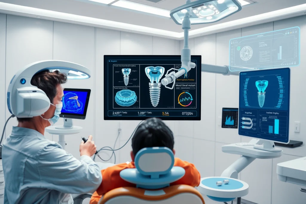 A modern dental clinic interior with advanced technology: a dentist using a digital intraoral scanner to capture a 3D image of a patient's teeth, a computer screen displaying a detailed 3D model of a dental implant and jawbone, robotic arm assisting in precise implant placement, and holographic displays showing real-time data analytics — all rendered in a clean, high-tech, professional environment with soft ambient lighting and sterile white surfaces.
