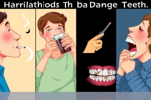 A collage showing harmful habits that damage teeth: a person smoking cigarettes, another drinking sugary soda, a third biting nails, and a fourth grinding teeth at night — all depicted with visible dental damage like cavities, stains, and cracked enamel, in a realistic but slightly stylized medical illustration style