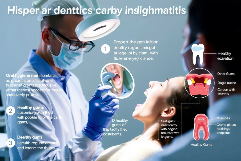 A clean, well-lit medical infographic scene showing a dentist examining a patient's mouth with a dental mirror, illustrating proper oral hygiene techniques to prevent stomatitis, with clear labels and diagrams of healthy gums and mouth anatomy