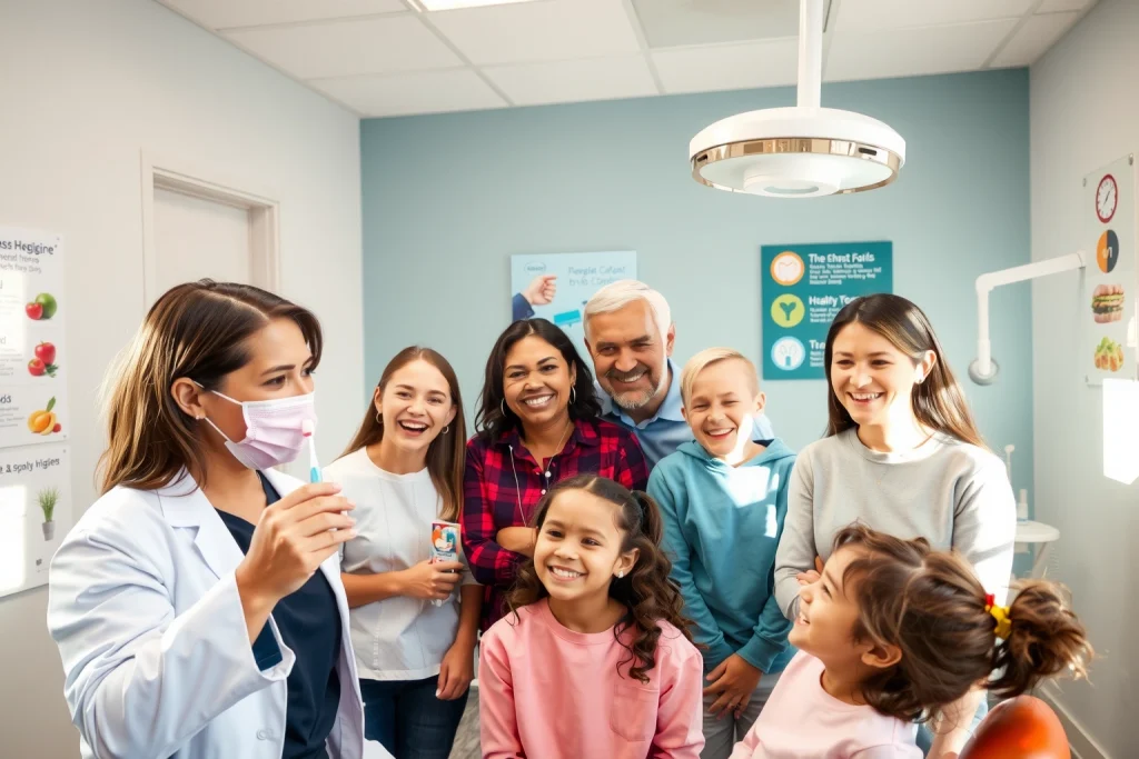 A clean, modern dental clinic interior with a smiling dentist demonstrating proper toothbrushing technique to a diverse group of adults and children, holding a toothbrush and model of teeth, with posters on the wall showing oral hygiene tips like flossing, healthy foods, and regular check-ups, soft natural lighting, warm and welcoming atmosphere