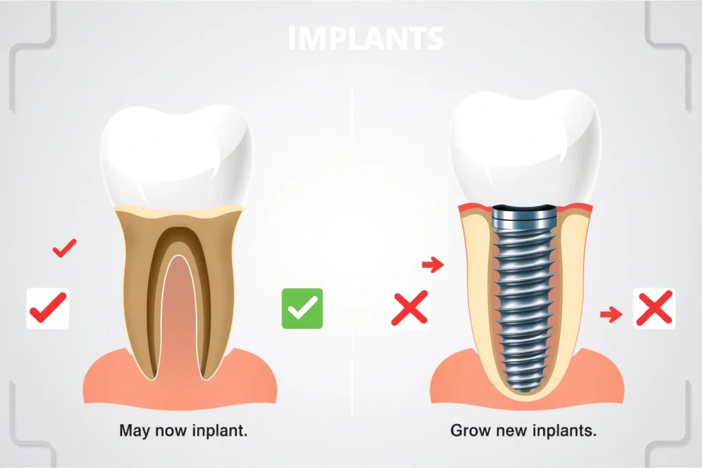 A professional dental illustration showing a side-by-side comparison of dental implants: on the left, a healthy natural tooth with root and crown; on the right, a titanium dental implant embedded in the jawbone with a crown attached, surrounded by healthy gum tissue. Include subtle visual indicators of benefits (e.g., checkmarks, green arrows) near the implant side and drawbacks (e.g., caution symbols, red arrows) near the implant site to represent pros and cons symbolically without text. Backgr
