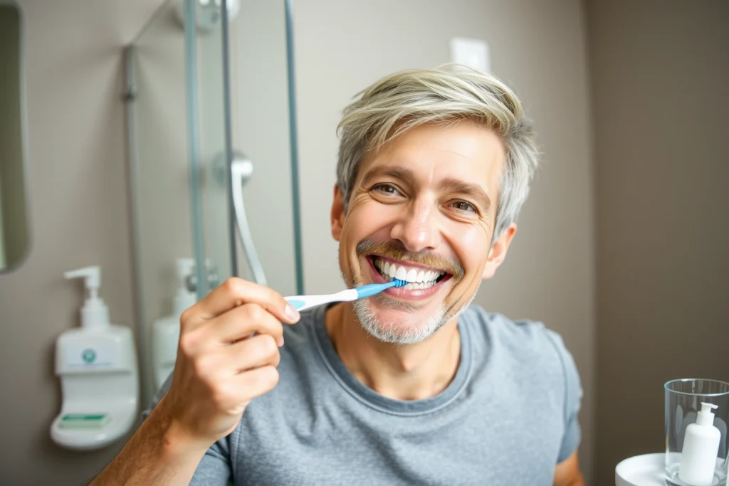 A smiling adult with healthy, white teeth, brushing teeth with a toothbrush in a modern bathroom, surrounded by dental care items like toothpaste, floss, and a glass of water, soft natural lighting, realistic details, focus on oral hygiene and long-term dental health