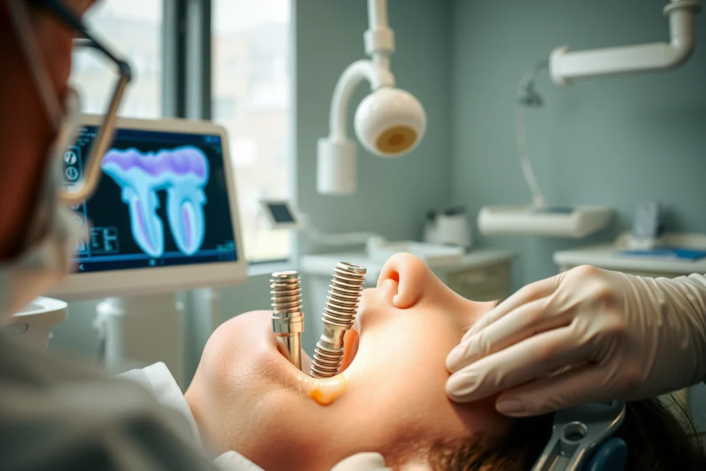 A modern dental clinic interior with a dentist performing a dental implant procedure on a patient, showing detailed close-up of titanium implant being placed into jawbone, digital 3D scan on a screen nearby, sterile environment with advanced dental equipment, soft natural lighting, realistic textures of metal, gum tissue, and bone