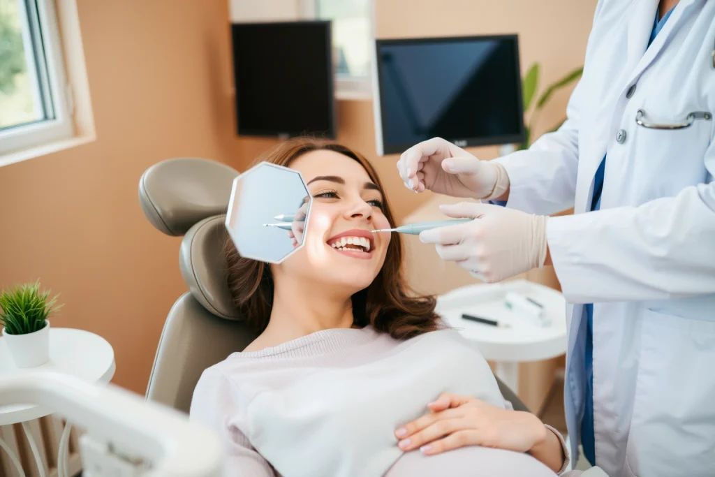 A pregnant woman smiling gently while sitting in a modern dental chair, wearing a comfortable maternity outfit, with a dentist in a white coat examining her teeth using a small mirror and probe, soft natural light from a window, a potted plant on a side table, dental tools neatly arranged, warm and calming atmosphere, focus on oral health care during pregnancy