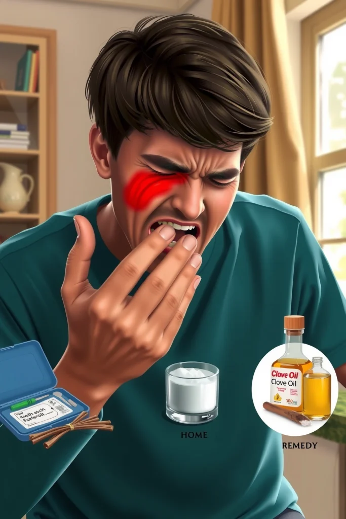 A person holding their jaw in pain with a visible swollen cheek, showing signs of toothache, with a dental kit and home remedies like clove oil and salt water nearby, in a cozy home setting with a window showing daylight, realistic and detailed