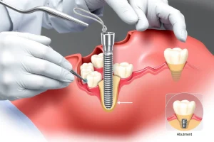 A detailed medical illustration showing the dental implant procedure, with a dentist preparing a patient's jaw, displaying the implant fixture being placed into the jawbone, and the abutment and crown being attached, highlighting the restoration of a missing tooth with clear anatomical accuracy and sterile clinical environment