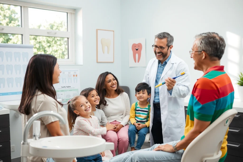 A bright, welcoming dental clinic interior featuring a smiling dentist in a white coat explaining oral hygiene to a diverse family of four—parents and two children—while a child holds a colorful toothbrush. The scene includes a large, clear dental chart with healthy teeth illustrations, a dental chair, a sink with a water droplet, and a display of dental floss and mouthwash. The background shows a window with sunlight, a poster of a smiling tooth, and a small plant. The overall composition conve