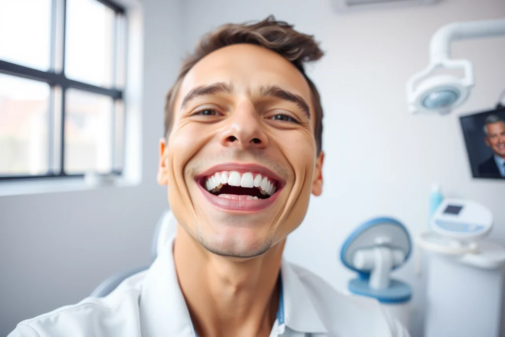 A confident adult smiling with healthy, natural-looking dental implants visible in a bright, modern dental clinic setting, soft natural lighting, focus on the teeth and smile, clean white background with subtle medical equipment in the distance