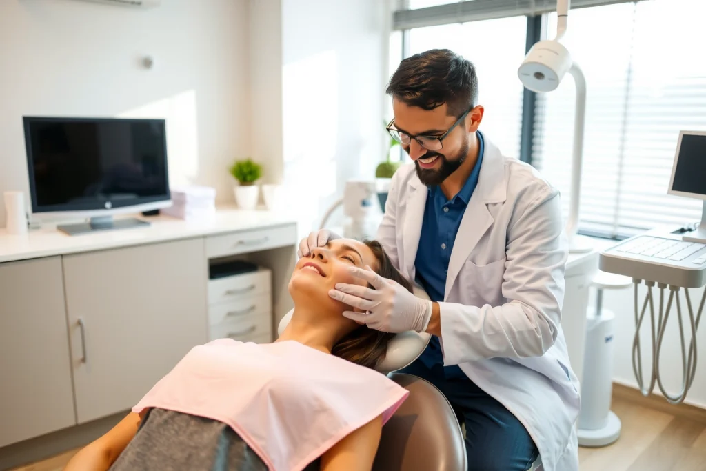 A calm, modern dental clinic interior with a smiling dentist in a white coat gently treating a relaxed patient in a dental chair, soft natural lighting, high-tech dental equipment visible in the background, no visible pain or discomfort, warm and reassuring atmosphere, focus on comfort and advanced pain-free technology