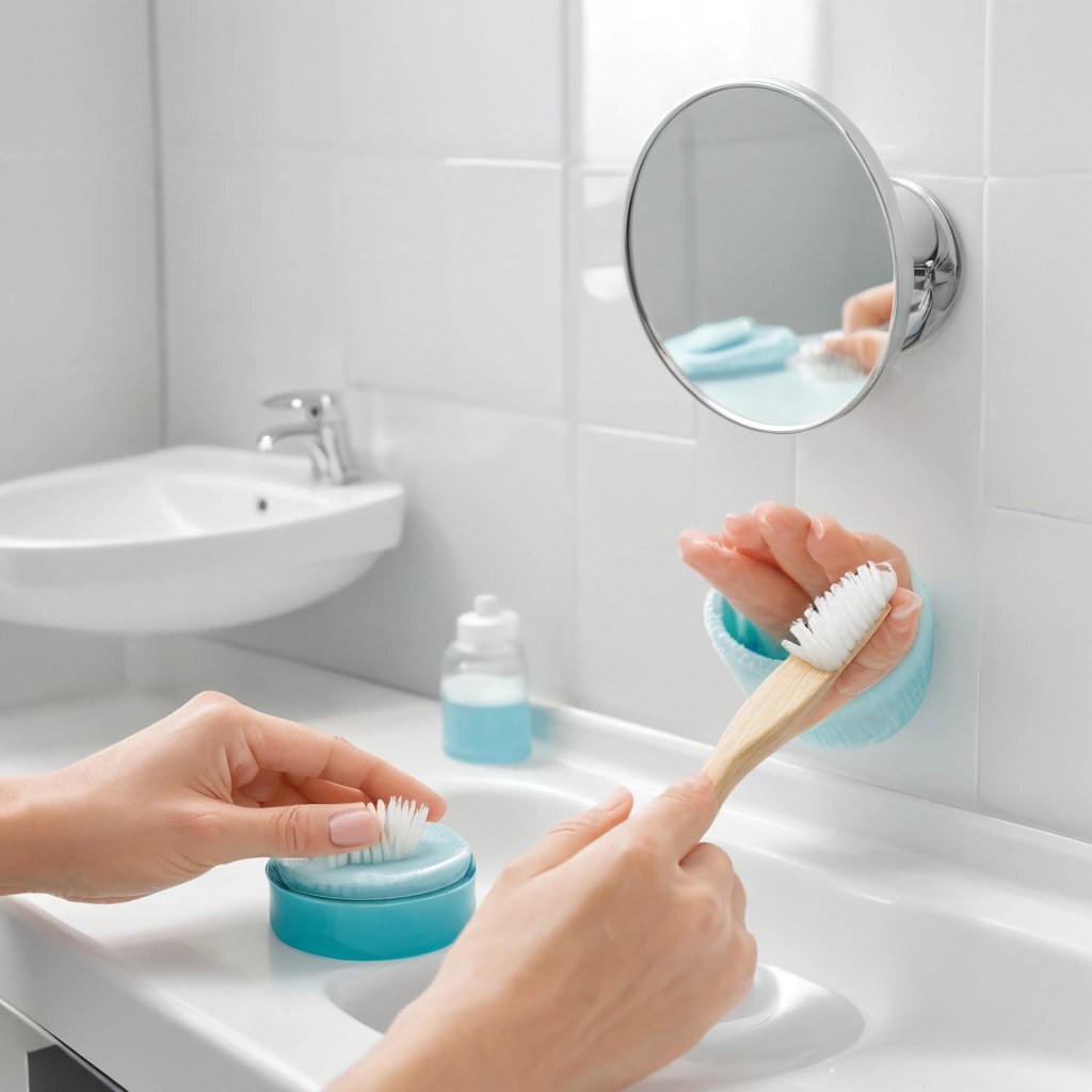 A close-up illustration of a person's hands gently cleaning a set of removable dentures with a soft brush and denture cleaning solution in a small bowl, placed on a clean white bathroom countertop with a mirror in the background showing a calm, well-lit bathroom environment; no text, no letters, no numbers, no logos, no medical devices other than the dentures and brush, no people's faces visible