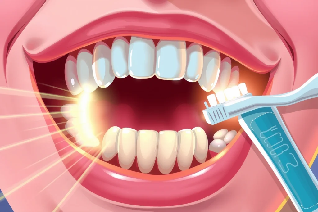 A close-up illustration of a human mouth showing healthy teeth and gums, with a soft glowing effect around the enamel to symbolize protection, a toothbrush and fluoride toothpaste nearby, gentle rays of light suggesting care and prevention, no text or labels, warm natural lighting, detailed but clean style