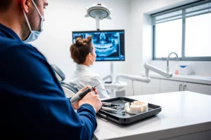 A modern dental clinic interior with a dentist examining a patient's teeth using advanced digital X-ray technology on a screen, close-up of a dental drill and laser tool on a tray, a 3D-printed dental model on the counter, soft natural lighting, clean white and blue color scheme, professional and calm atmosphere