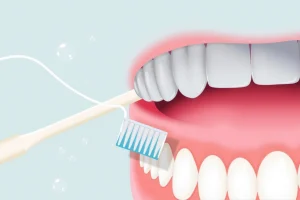 A close-up illustration of healthy pink gums surrounding white teeth, with a gentle dental floss and soft-bristled toothbrush nearby, symbolizing proper oral hygiene to prevent gum bleeding; subtle droplets of water or saliva, no blood visible, clean and calm medical aesthetic