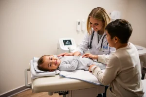 A warm, professional pediatric ultrasound scene: a kind female doctor in a white coat gently performing an ultrasound on a smiling child lying on an examination table, with a parent holding the child's hand reassuringly; soft natural lighting, modern medical equipment visible in the background, calm and trusting atmosphere, focus on care and expertise
