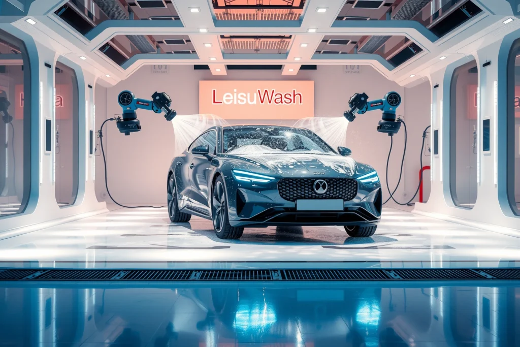 A modern robotic car wash system named LeisuWash in Russia, featuring sleek futuristic design with robotic arms spraying water and foam on a car in a clean high-tech facility soft ambient lighting reflective floor no visible text or logos