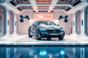 A modern robotic car wash system named LeisuWash in Russia, featuring sleek futuristic design with robotic arms spraying water and foam on a car in a clean high-tech facility soft ambient lighting reflective floor no visible text or logos