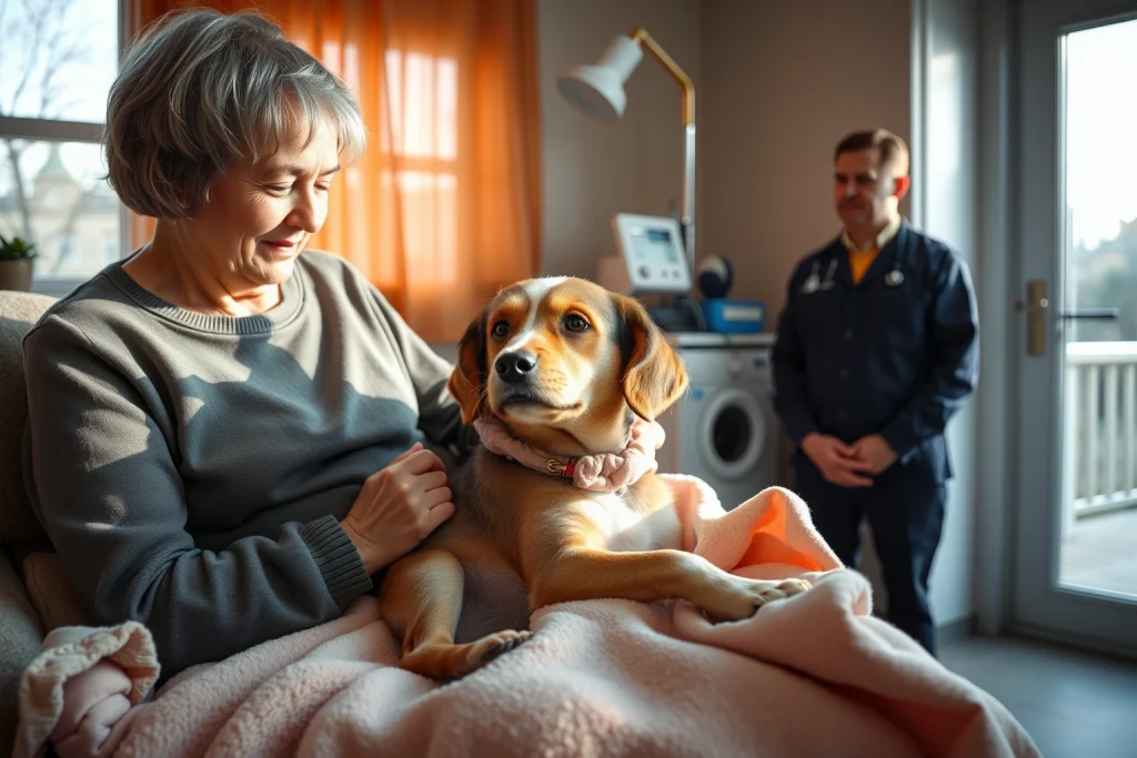 A peaceful, warm home interior in Moscow with a senior person gently holding an elderly dog on a soft blanket, sunlight streaming through a window, a veterinarian in a calm uniform observing respectfully in the background, subtle medical equipment discreetly placed, no text or signs visible, atmosphere of dignity, compassion, and quiet farewell