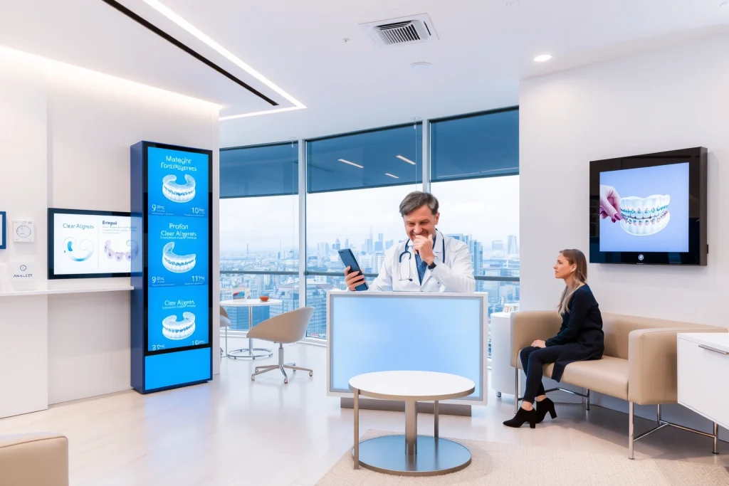 A modern orthodontic online store interior in Yekaterinburg, featuring sleek digital displays showing orthodontic products like clear aligners and braces, a clean white and blue color scheme, a friendly orthodontist consulting a patient via video call on a tablet, minimalist furniture, soft ambient lighting, and a subtle cityscape of Yekaterinburg visible through a large window in the background