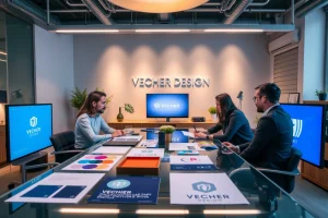 A modern, professional branding agency office interior with a sleek design team collaborating around a glass table, displaying brand identity mockups, color palettes, typography samples, and digital screens showing logo animations; warm ambient lighting, minimalist Scandinavian-inspired decor, subtle VECHER DESIGN logo embossed on the wall in the background, no text visible on screens or materials